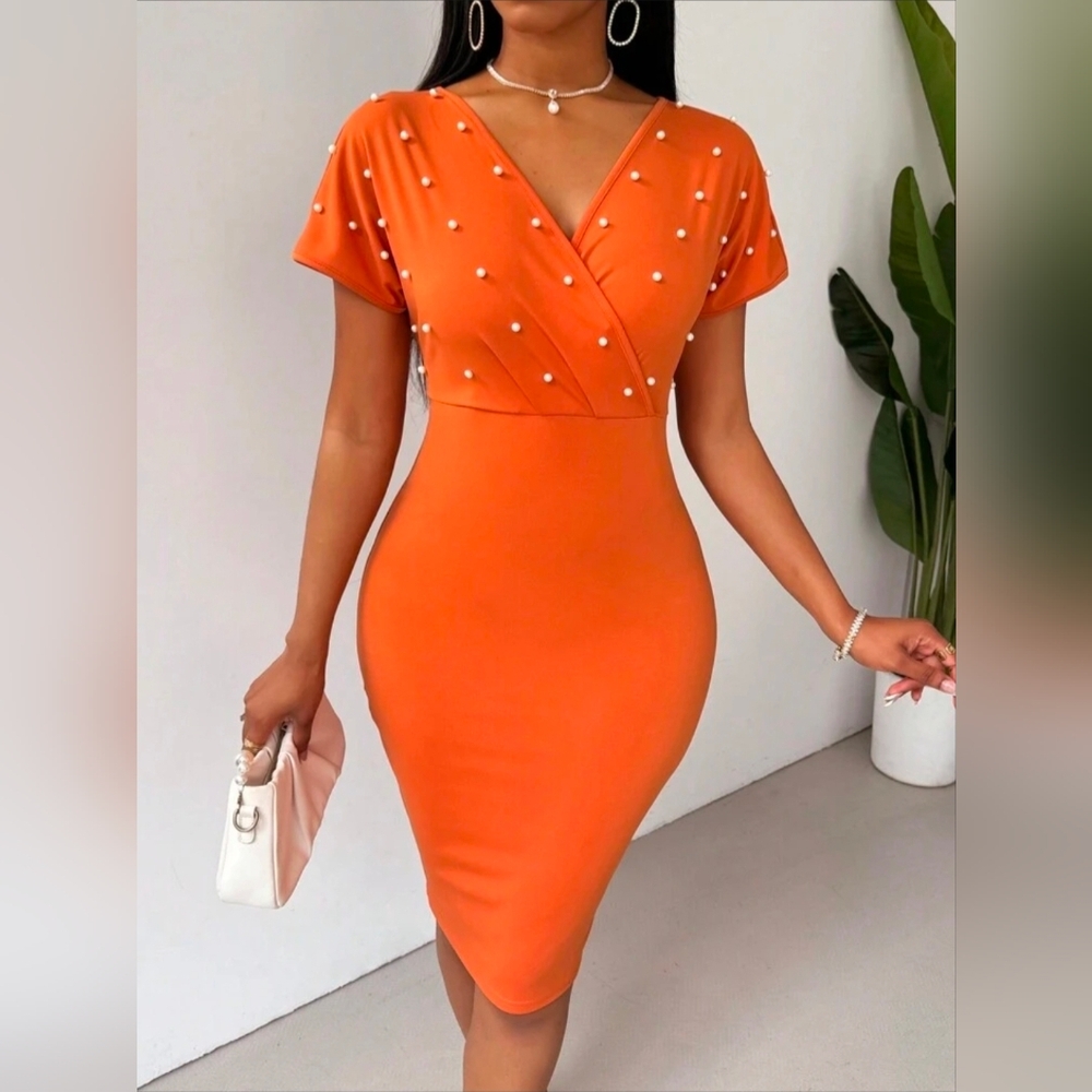 Plus Size Women's V-Neck Beaded Slim Fit Short Sleeve Dress, Orange - 2XL